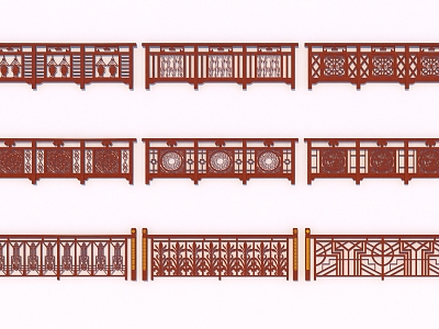 New Chinese style guardrail mahogany balustrade handrail 3d model