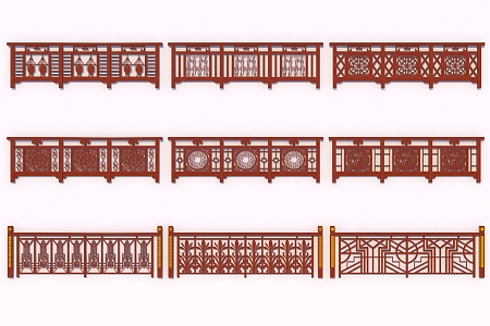 New Chinese style guardrail mahogany balustrade handrail 3d model