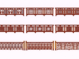 New Chinese style guardrail mahogany balustrade handrail 3d model