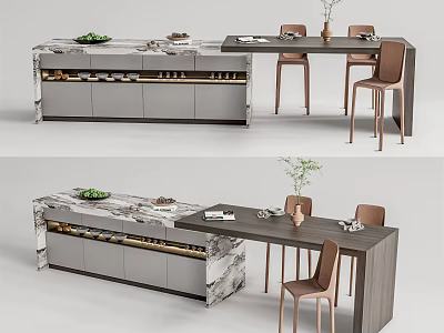 Modern Bar Counter with Marble Top Cabinets Dining Table and Chairs Green Plants 3d model