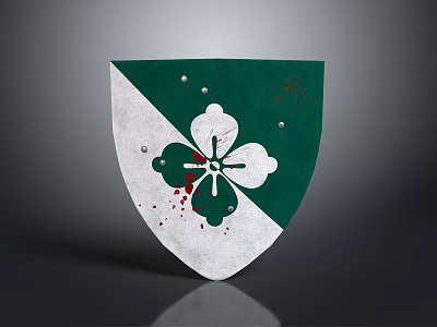 Green And White Shield With Four Leaf Clover Design Blood Stains And Metal Studs 3d model