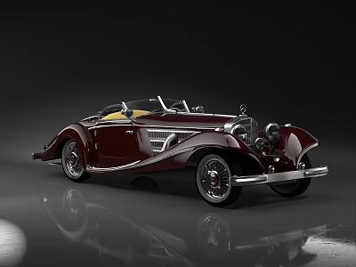 Dark Red Vintage Convertible Car With Yellow Interior Front Grille Round Headlights And Smooth Reflection 3d model