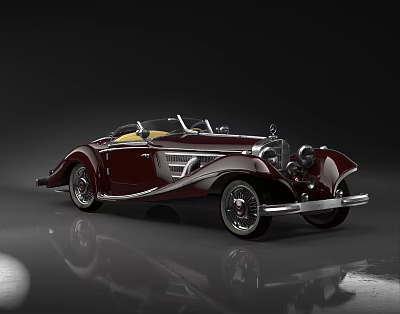 Dark Red Vintage Convertible Car With Yellow Interior Front Grille Round Headlights And Smooth Reflection 3d model