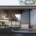 Modern Courtyard Garden with High Rise Residential Buildings Entrance Trees and Waterfront