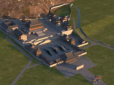 Aerial View of Ancient Chinese Architectural Complex With Traditional Roofs Courtyards and Mountain Backdrop 3d model