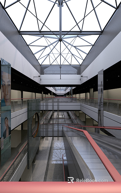 Spacious Shopping Mall Atrium With Glass Skylight Multi Level Design And Escalators 3d model 