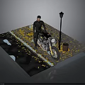 Street Scene With Man Standing By Motorcycle Street Lamp Trash Can And Fallen Leaves