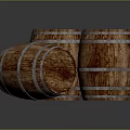 Three Wooden Barrels Standing And Tilted With Metal Hoops And Wood Texture
