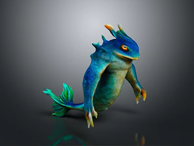 3D Rendering of Mythical Aquatic Creature With Blue Green Skin Spikes Fins and Yellow Eyes 3d model