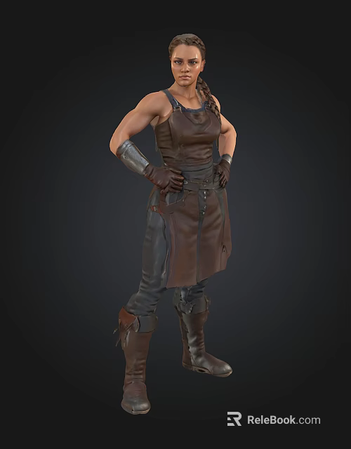 Muscular Female Warrior In Brown Leather Armor With Gloves And Boots 3d model 