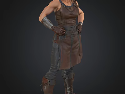 Muscular Female Warrior In Brown Leather Armor With Gloves And Boots 3d model