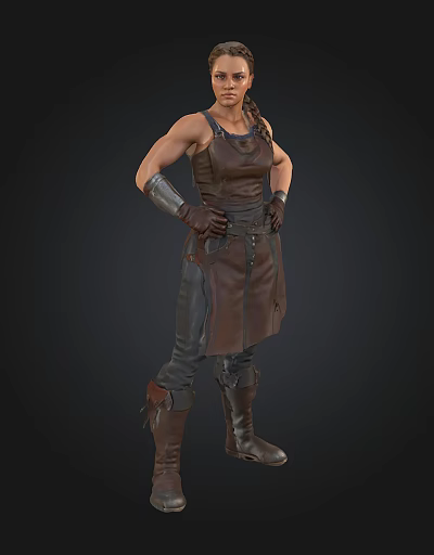 Muscular Female Warrior In Brown Leather Armor With Gloves And Boots 3d model