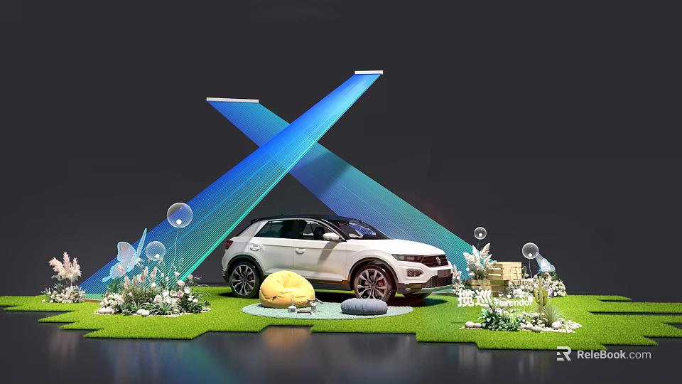 White SUV Car On Green Lawn With Crossed Blue Light Beams And Ornaments 3d model 