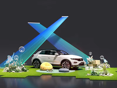 White SUV Car On Green Lawn With Crossed Blue Light Beams And Ornaments 3d model