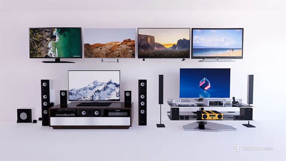 Multiple Wall Mounted TVs With Surround Sound Speakers And Modern TV Stands Setup 3d model 