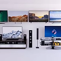 Multiple Wall Mounted TVs With Surround Sound Speakers And Modern TV Stands Setup