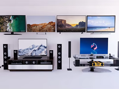 Multiple Wall Mounted TVs With Surround Sound Speakers And Modern TV Stands Setup 3d model