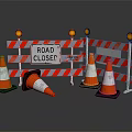 Red And White Road Barriers With Road Closed Sign Traffic Cones And Yellow Warning Lights