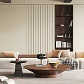 Modern Elegant Living Room Interior With Beige Sofa Wooden Coffee Table And Bookshelf