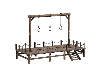 Rustic Wooden Platform Structure With Hanging Rings Fence Rails And Stairs 3d model