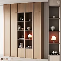Modern Wooden Display Cabinet With Layered Shelves Holding Books Lamp And Ornaments