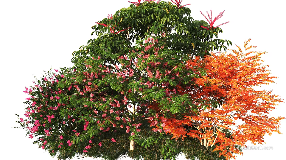 Natural Landscape Featuring Arbor With Green Leaves Pink Flowers And Orange Foliage 3d model 