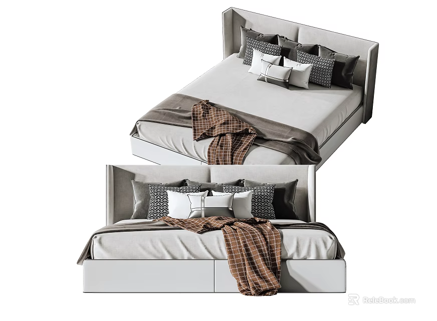 Modern Double Bed Design With Comfortable Pillows And Cozy Brown Blanket 3d model