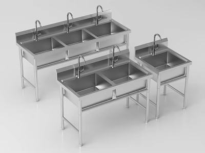 Stainless Steel Kitchen Sinks with Faucets Double Triple Bowl Design and Metal Stands 3d model