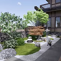 Rockery Stones in Japanese Garden with Stone Lanterns Wooden Fence Maple Trees and Mossy Pathway