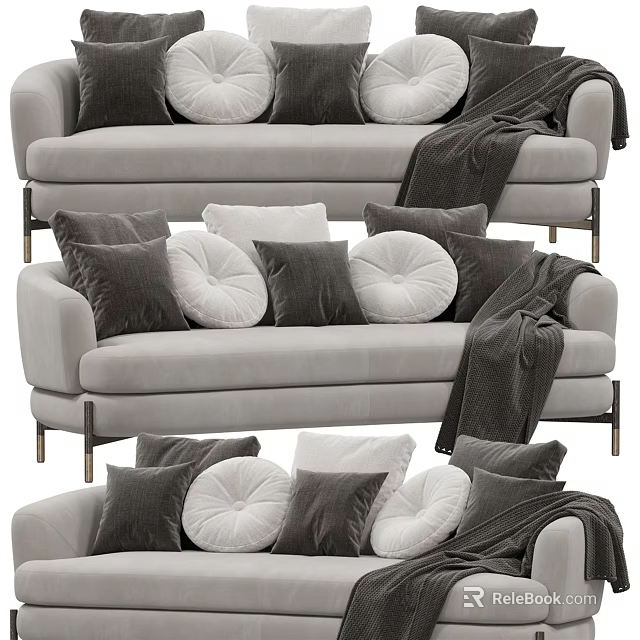 Stylish Multi Seater Sofa With Gray Velvet Upholstery Metal Legs And Decorative Pillows 3d model 