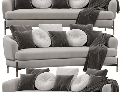 Stylish Multi Seater Sofa With Gray Velvet Upholstery Metal Legs And Decorative Pillows 3d model