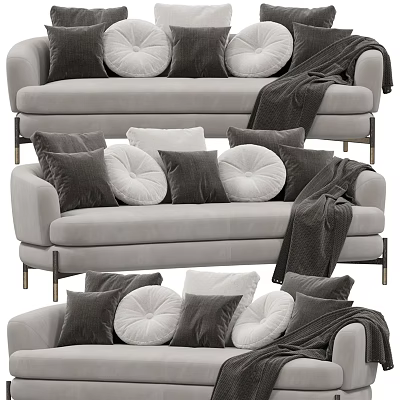 Stylish Multi Seater Sofa With Gray Velvet Upholstery Metal Legs And Decorative Pillows 3d model