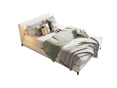 Cozy Single Bed with White Headboard Green Quilt Gray Blanket Pillows and Stuffed Toy 3d model