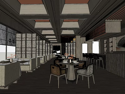 Elegant Restaurant Interior With Wooden Ceiling Grid Walls Round Tables And Chairs 3d model