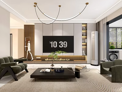 Modern Minimalist Living Room With Elegant TV Wall Cozy Sofas And Creative Ceiling Lighting 3d model