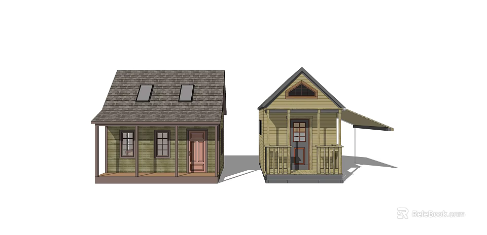 Two Wooden House Designs With Green Yellow Walls Gray Brown Roofs Skylights Porch And Awning 3d model 