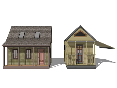 Two Wooden House Designs With Green Yellow Walls Gray Brown Roofs Skylights Porch And Awning 3d model