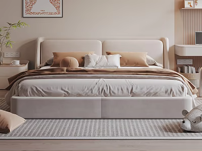 Cozy Double Bed with Soft Headboard Neutral Tones Pillows Blanket Bedroom Rug and Decorative Painting 3d model