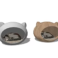Gray And Wooden Cat Ear Design Cat Bed With Resting Cat Inside 3d model