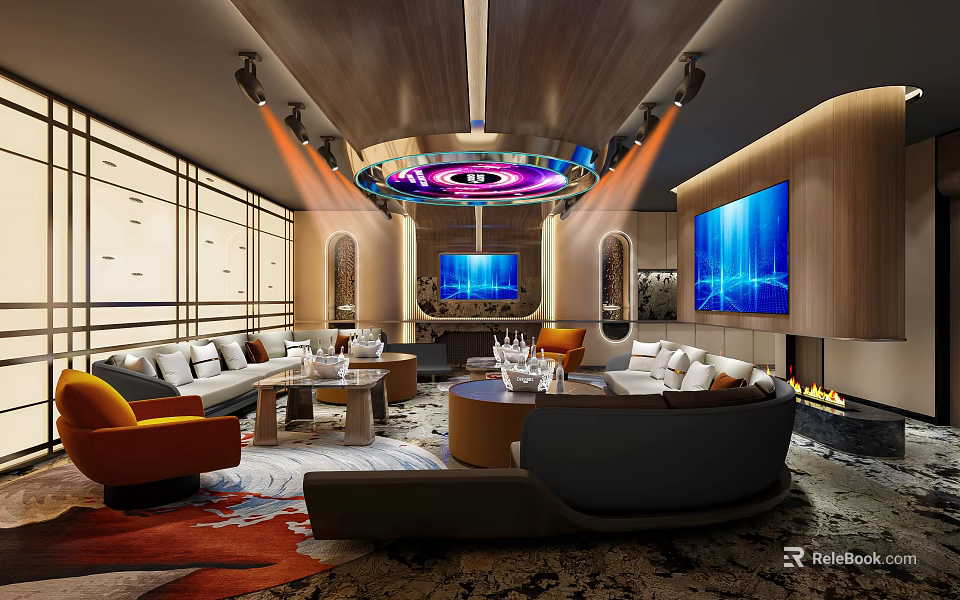 Modern KTV Lounge Interior With Comfortable Sofas Coffee Tables And Large Screen TVs 3d model