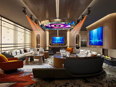 Modern KTV Lounge Interior With Comfortable Sofas Coffee Tables And Large Screen TVs 3d model