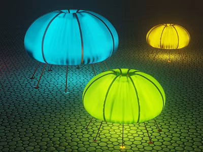 Colorful Jellyfish Shaped Table Lamps With Metal Legs Illuminated On Hexagonal Surface 3d model