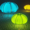 Colorful Jellyfish Shaped Table Lamps With Metal Legs Illuminated On Hexagonal Surface