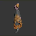 Man wearing colorful patchwork dress with orange pink blue gray irregular hem and striped socks