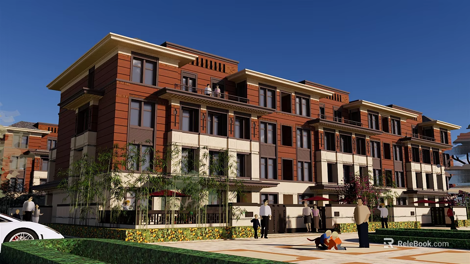 Classic Townhouse Red Brick Exterior Multi Story Design With Balconies Windows And Landscaped Courtyard 3d model 