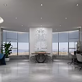 Modern Office Interior Design With Open Layout Large Windows And Sea View