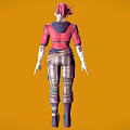 Red Haired Woman In Red Jacket White Top Striped Pants And Boots Against Orange Background