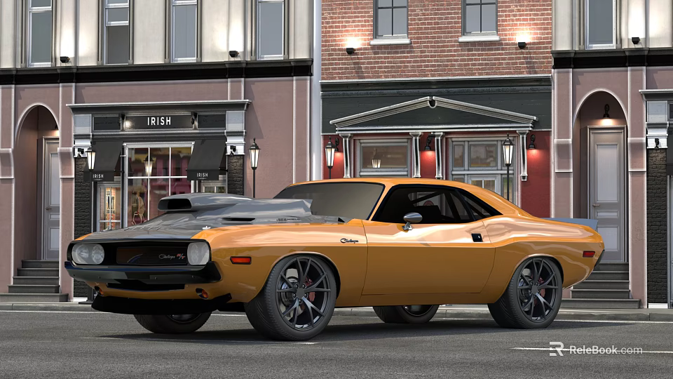 Yellow Classic Dodge Challenger Muscle Car Parked On Street With Bistro Storefronts And Brick Buildings 3d model 