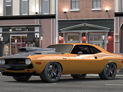 Yellow Classic Dodge Challenger Muscle Car Parked On Street With Bistro Storefronts And Brick Buildings 3d model