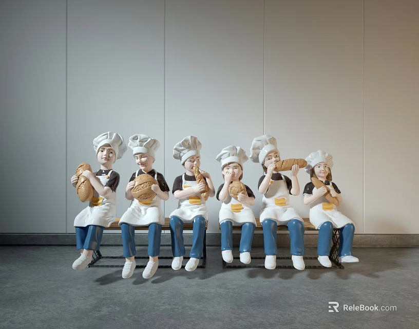 Modern Chef Sculpture Carving With Multiple Figures Holding Bread Sitting On Bench 3d model 